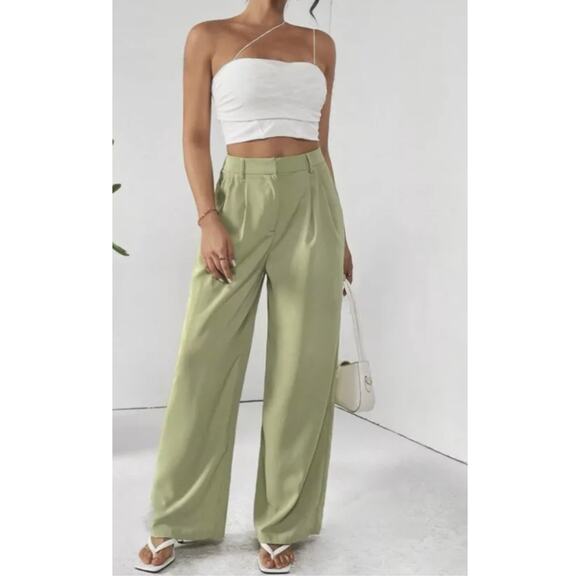 Zara Pleated High Rise Wide Leg Trousers S 4 6 Green Pants Coastal Boho - Picture 2 of 7